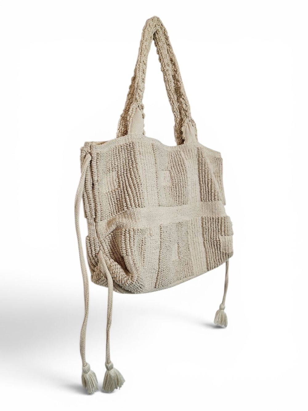 Lovestitch Tote OS Chunky Crochet Bubble Knit Tassel Beach Boho Cream Bag